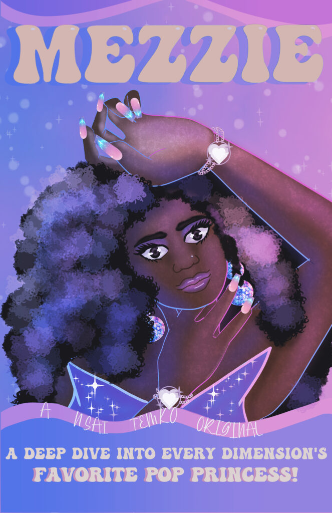 A cartoon style digital drawing of a dark skin black woman named Mezzie dressed in pink and purple.